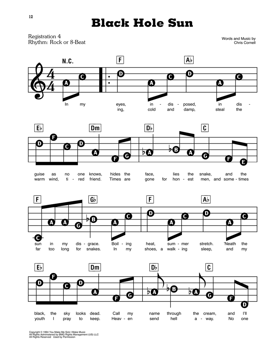 Black Hole Sun by Soundgarden Electronic Keyboard - Digital Sheet Music