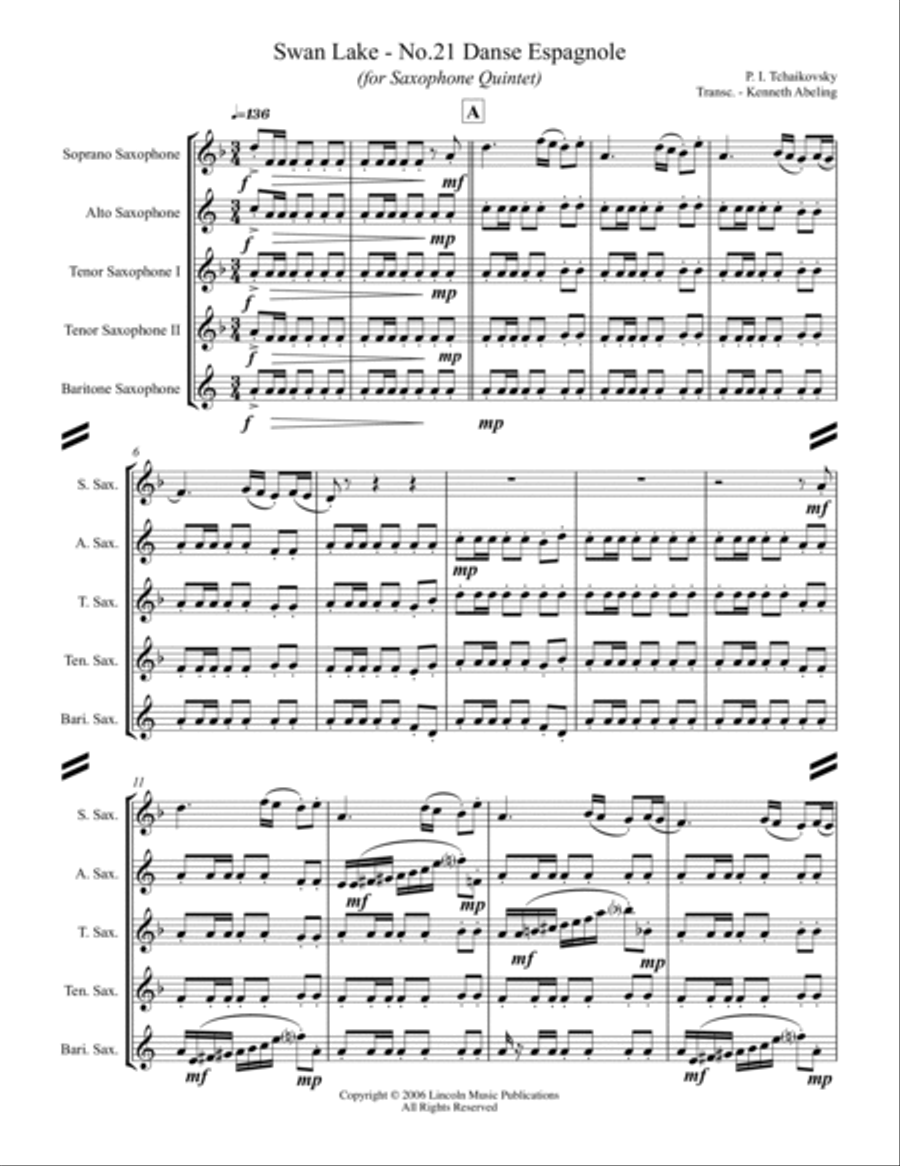 Tchaikovsky – Danse Espagnole (Spanish Dance) from Swan Lake (for Saxophone Quintet SATTB) Saxophone Quintet scores gallery preview page 2