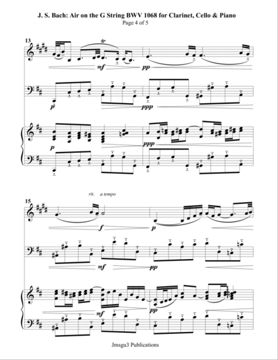 Bach: Air on a G String for Clarinet, Cello & Piano Clarinet scores gallery preview page 4