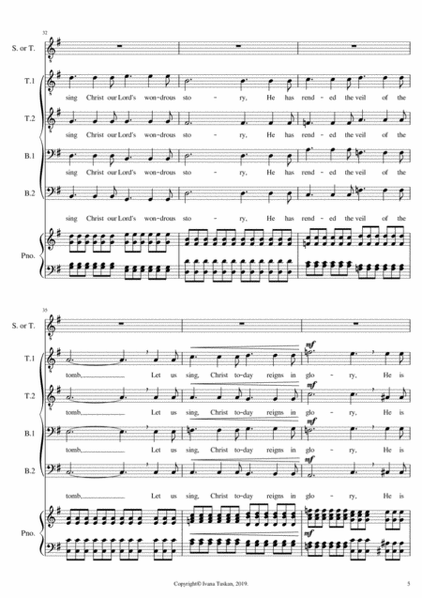 Queen of the Heaven (Regina coeli) TTBB, tenor or soprano solo, piano, full version G major image number null