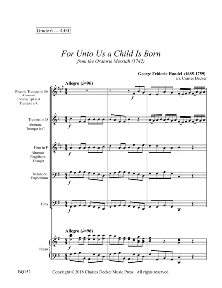 For Unto Us a Child Is Born from Messiah for Brass Quintet and Organ image number null