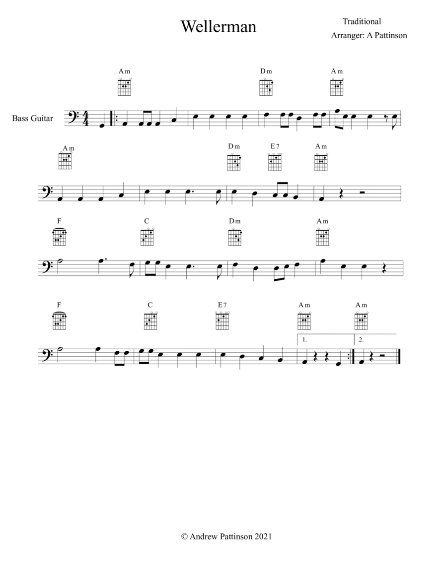 Wellerman for Bass Guitar with Chords Bass Guitar scores gallery preview page 1