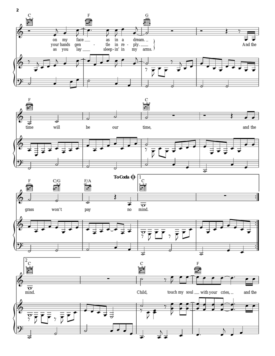 And The Grass Won't Pay No Mind Piano, Vocal, Guitar scores gallery preview page 2