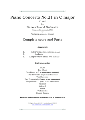 Mozart - Piano Concerto No.21 in C major K 467 for Piano solo and Orchestra - Score and Parts
