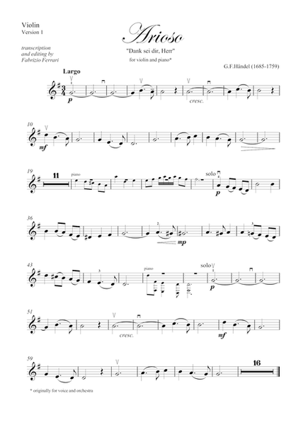 Arioso - Dank sei dir, Herr by George Frideric Handel, transcription for violin and piano