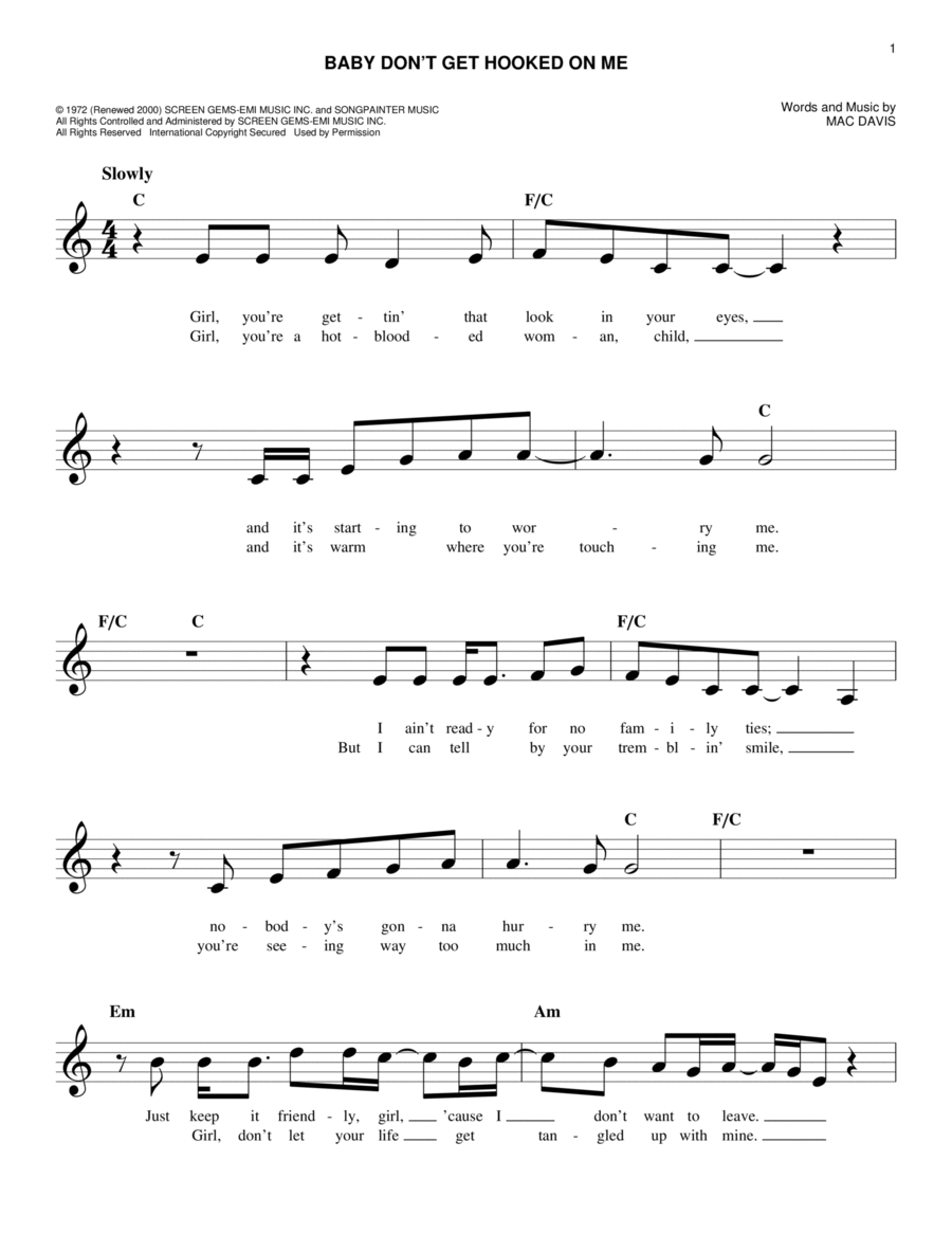 Baby Don't Get Hooked On Me Piano scores gallery preview page 1