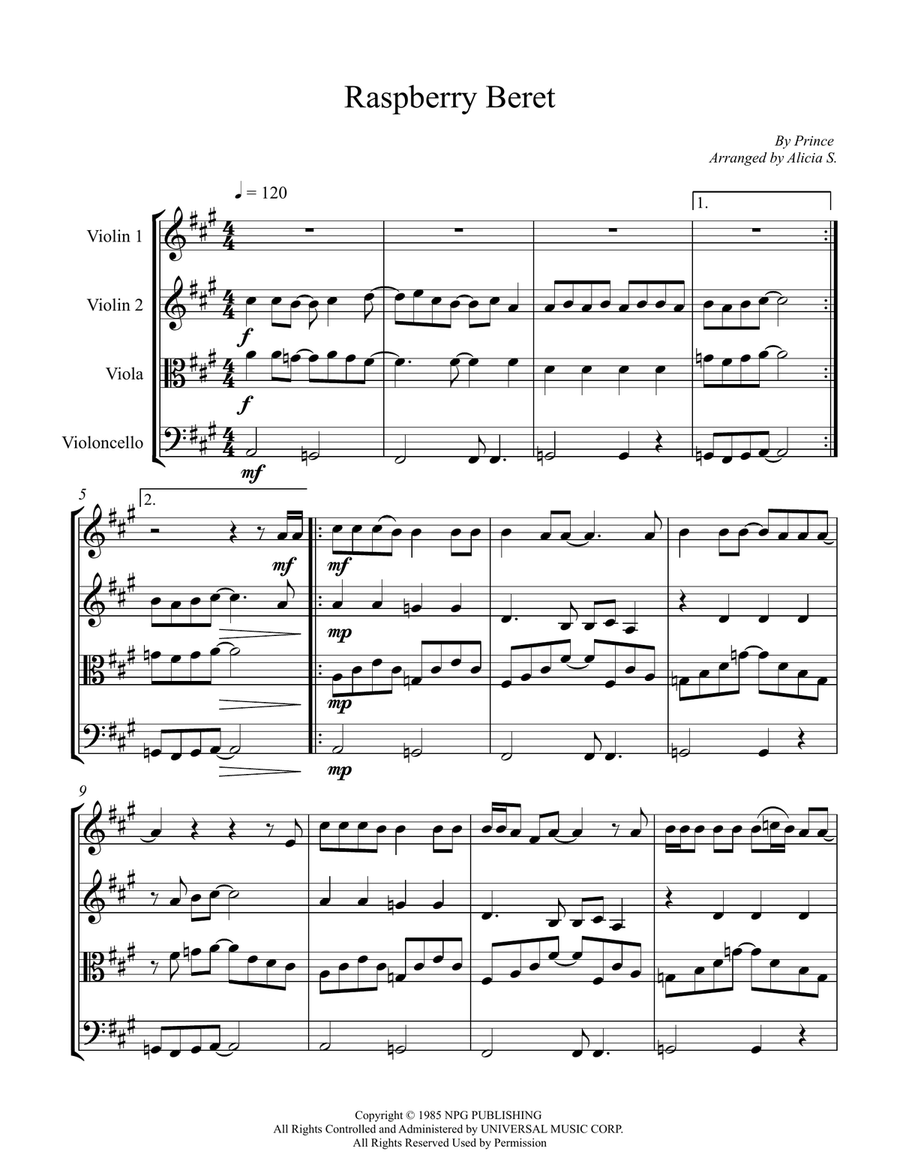 Raspberry Beret String Quartet scores gallery preview page 1