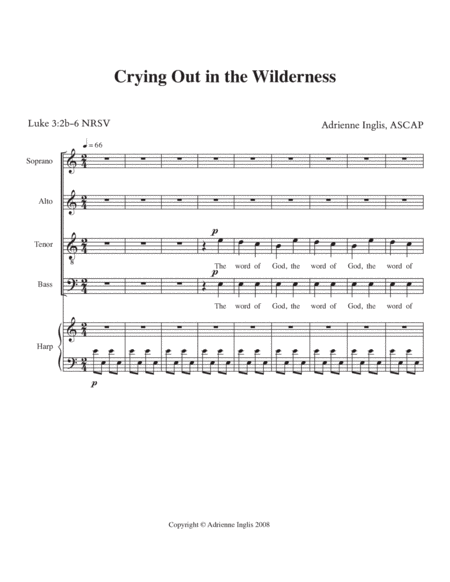 Crying Out in the Wilderness for SATB chorus and pedal or lever harp or keyboard image number null