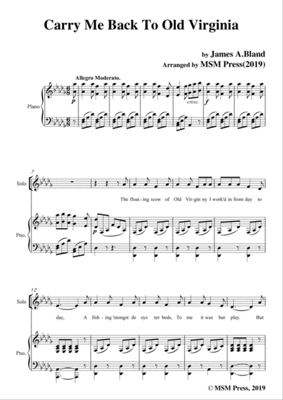 James A. Bland-Carry Me Back To Old Virginny,in D flat Major,,for Voice &Pno Voice scores gallery preview page 3