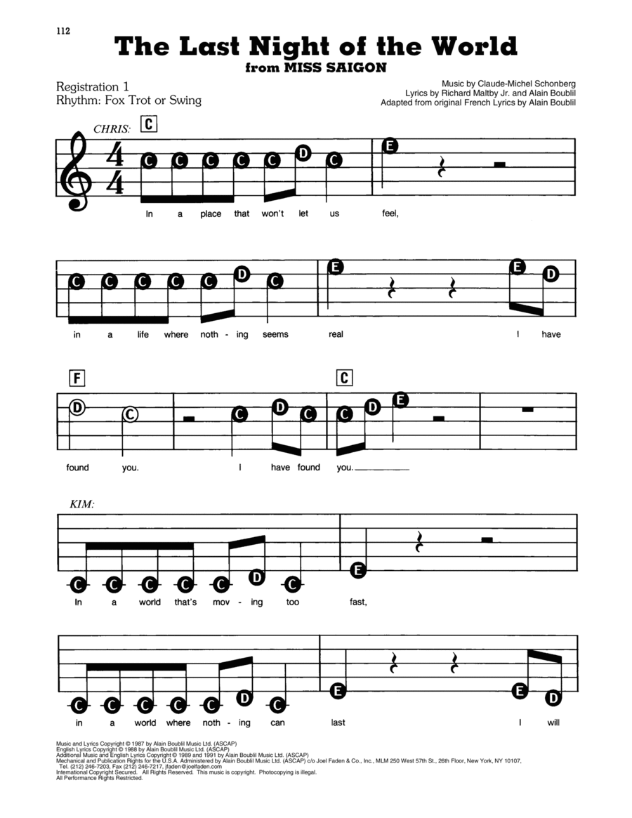 The Last Night Of The World (from Miss Saigon) Electronic Keyboard scores gallery preview page 1
