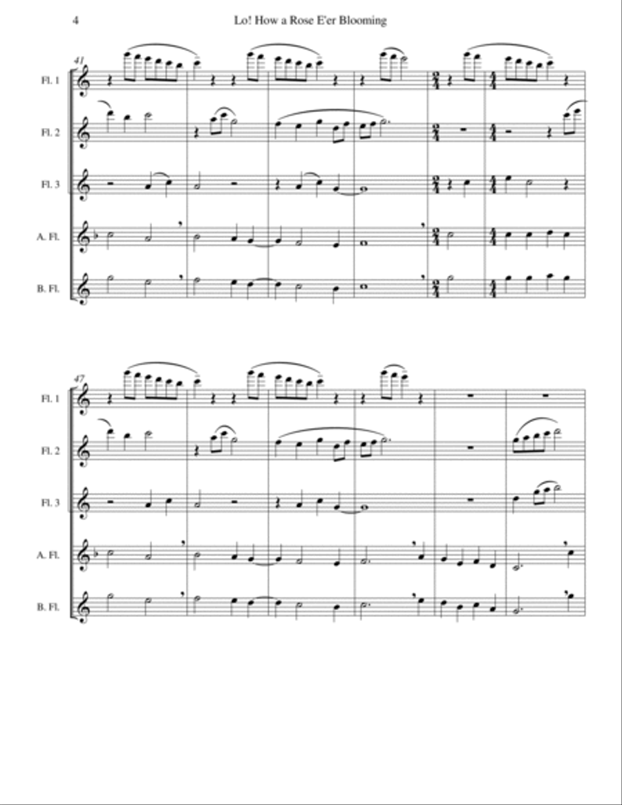 Lo! How a Rose E'er Blooming (Flute Quintet or Choir) Flute Choir scores gallery preview page 4