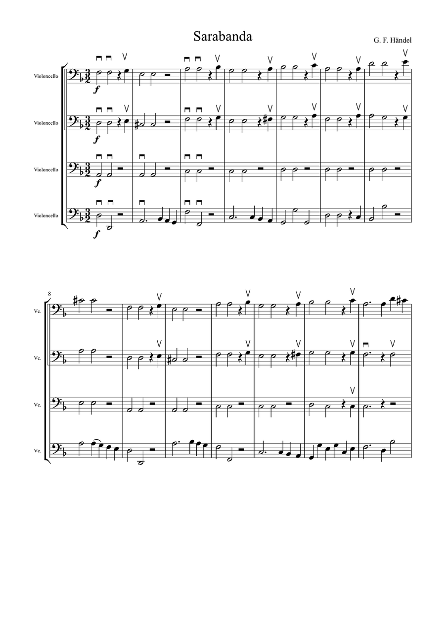 Haendel Sarabanda for cello quartet String Quartet scores gallery preview page 1