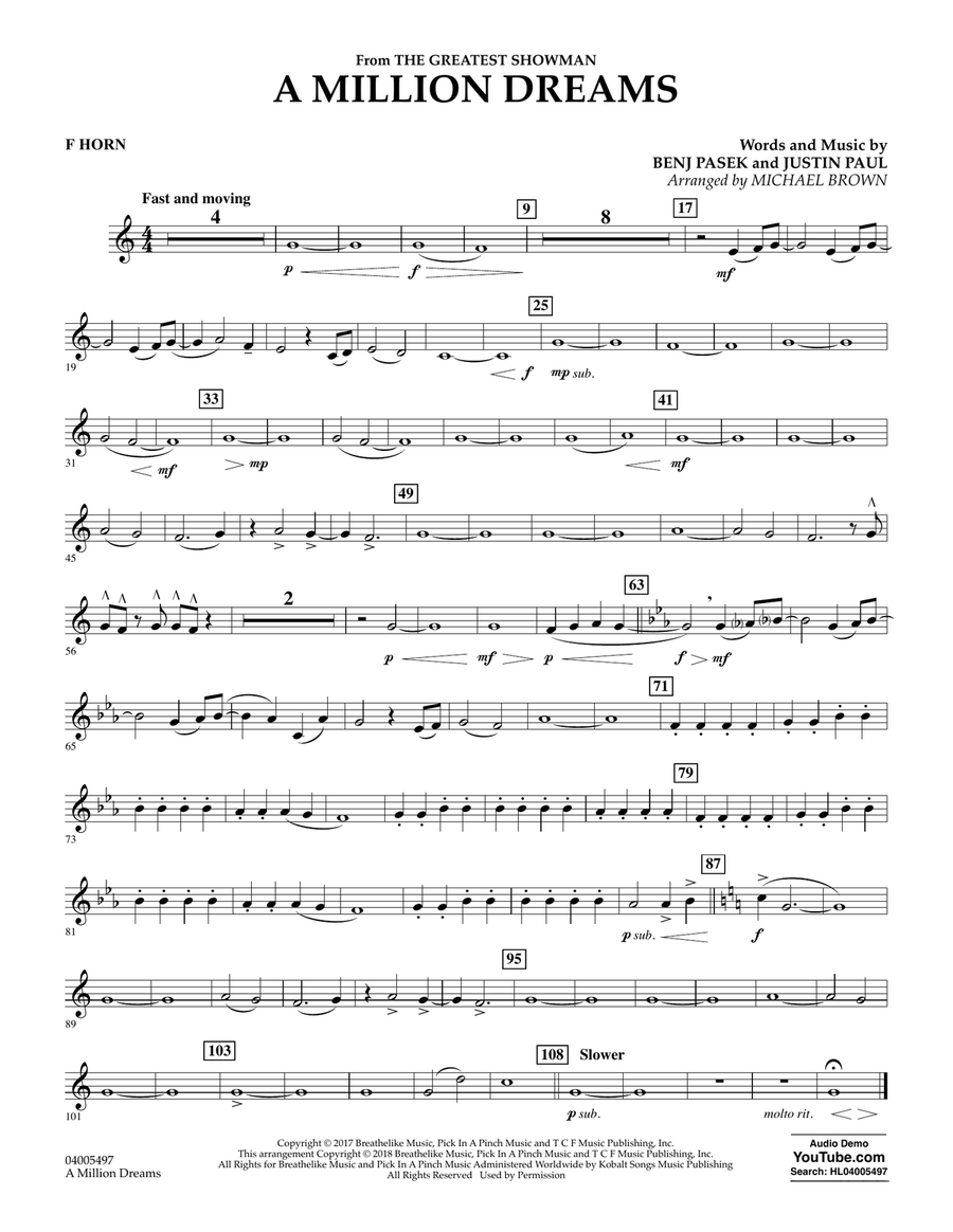 A Million Dreams (from The Greatest Showman) (arr. Michael Brown) - F Horn Concert Band scores gallery preview page 1