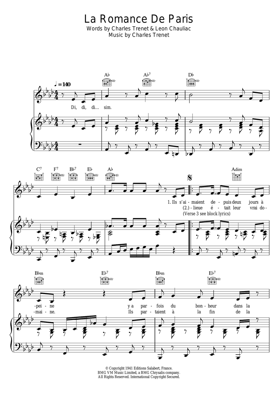 La Romance De Paris La Romance De Paris Piano, Vocal, Guitar scores gallery preview page 1