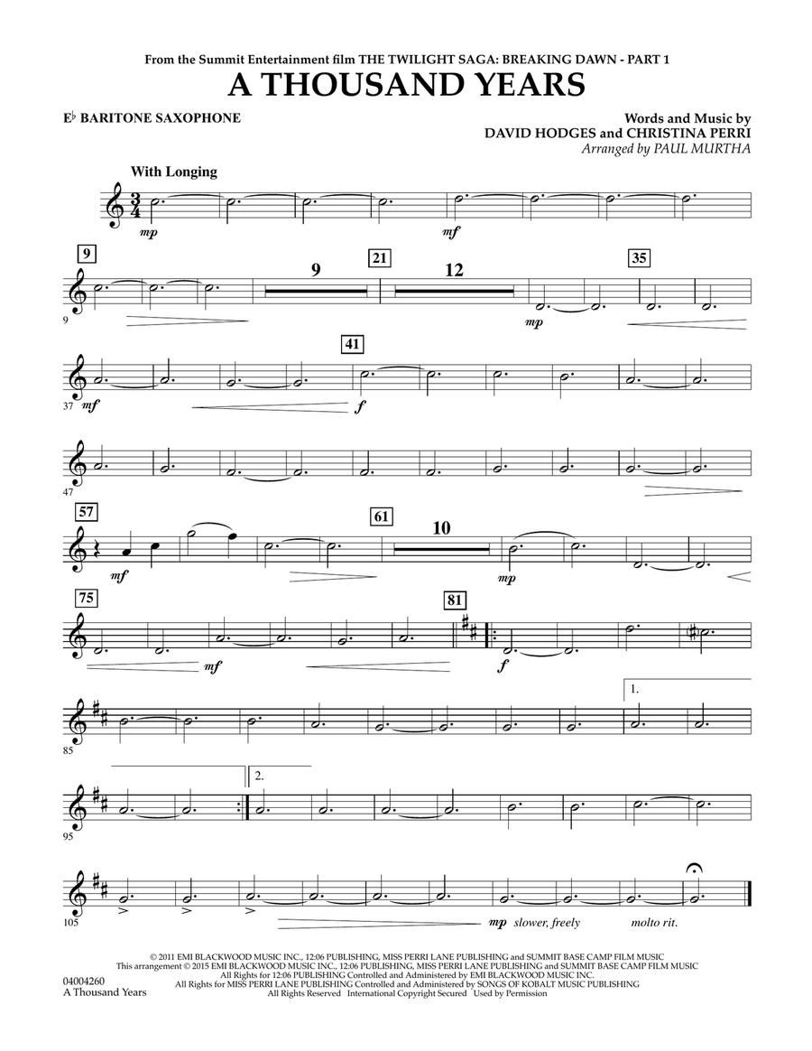 A Thousand Years (from The Twilight Saga: Breaking Dawn, Part 1) - Eb Baritone Saxophone Concert Band scores gallery preview page 1