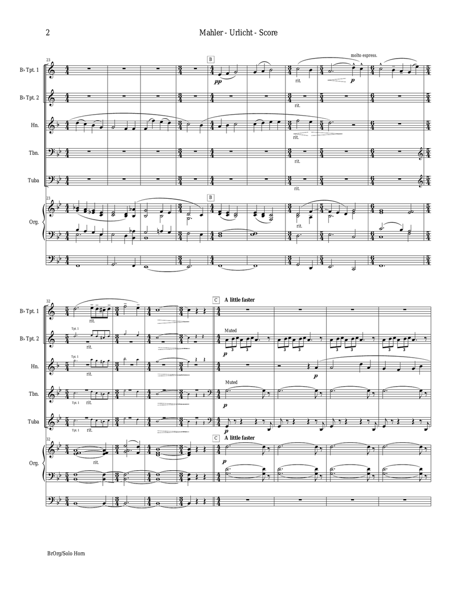 Urlicht (Primeval Light), Fourth Movement, Symphony No. 2 (for Brass Quintet [Horn Solo] & Organ) Brass Ensemble scores gallery preview page 3