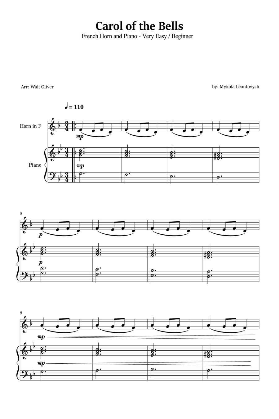 Carol of the Bells for French Horn and Piano (Very Easy - Beginner) in G minor Piano scores gallery preview page 1