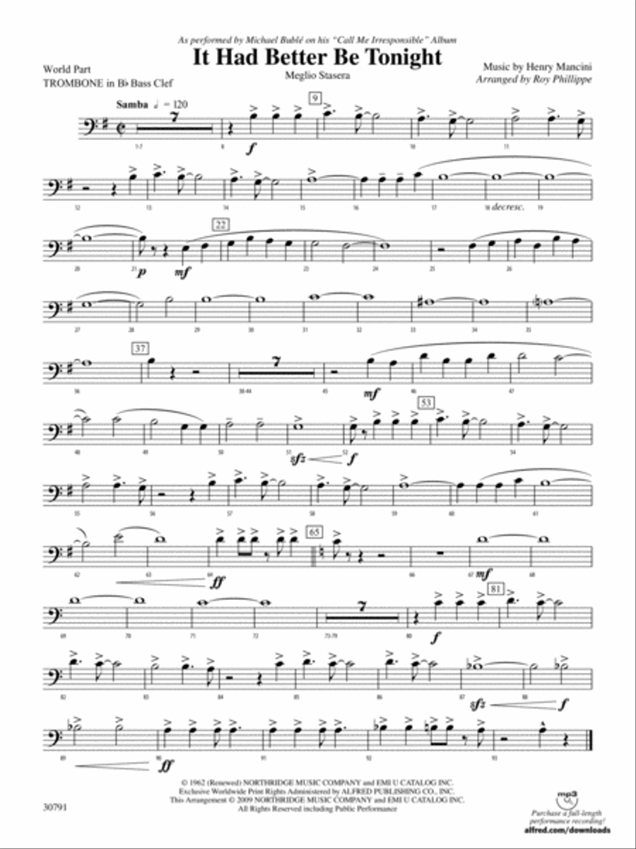It Had Better Be Tonight (Meglio Stasera): (World Part) 1st B-flat Trombone B.C. Concert Band scores gallery preview page 1