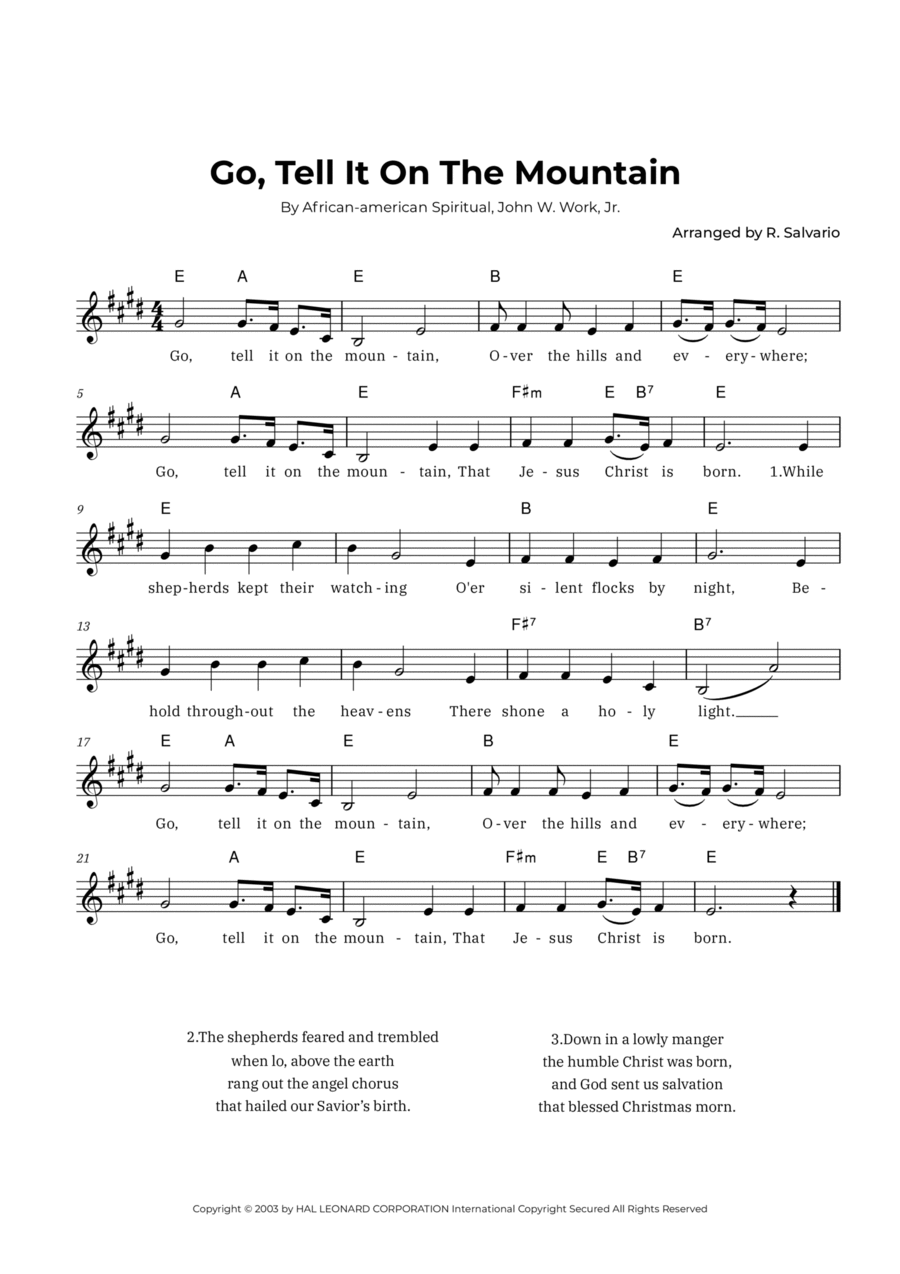 Go, Tell It On The Mountain (Key of E Major) Easy Piano scores gallery preview page 1