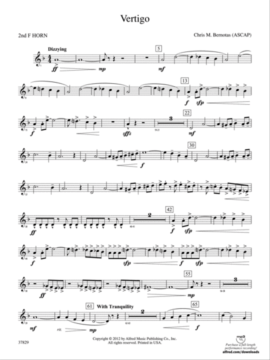 Vertigo: 2nd F Horn Vertigo: 2nd F Horn Concert Band scores gallery preview page 1