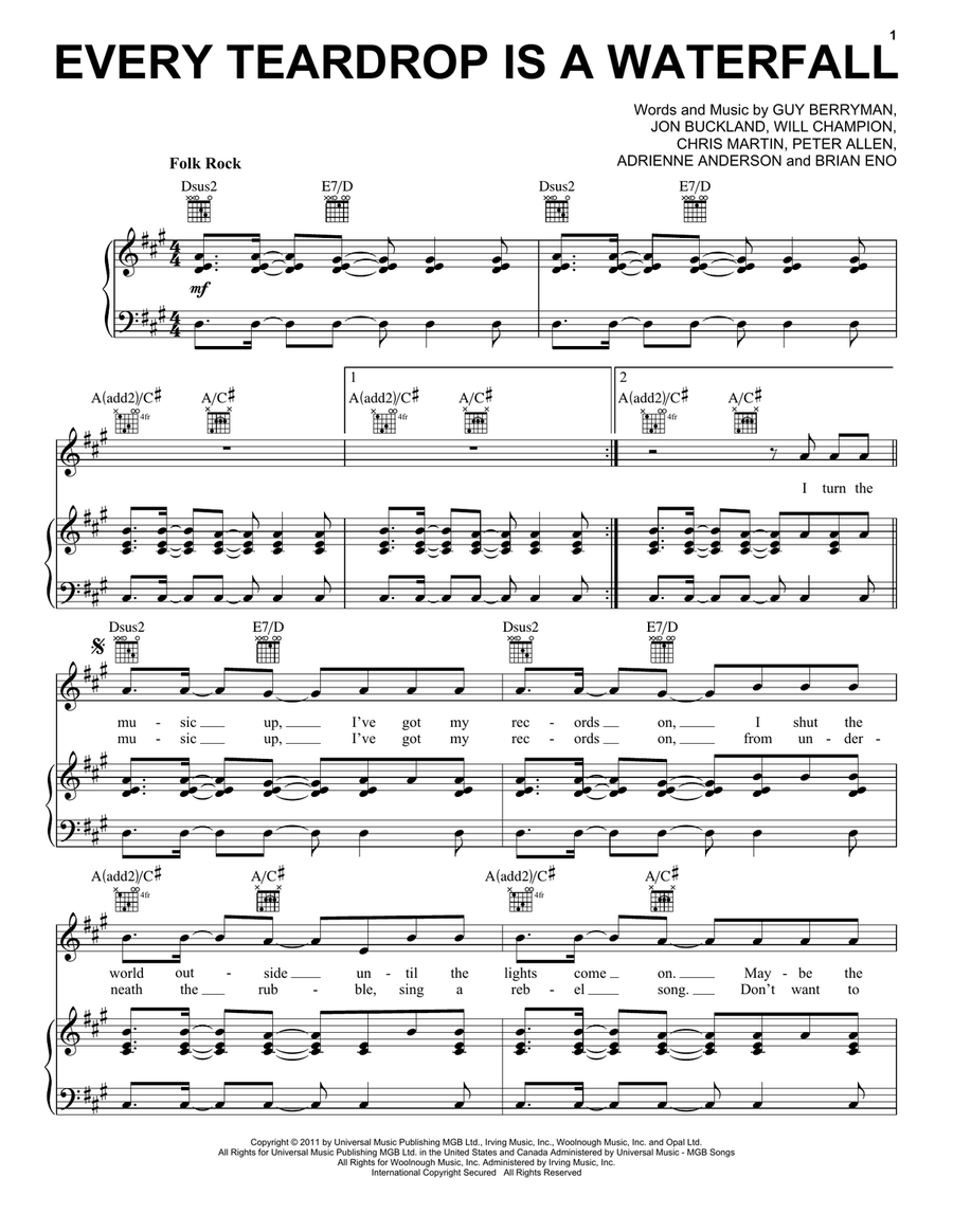 Every Teardrop Is A Waterfall Piano, Vocal, Guitar scores gallery preview page 1