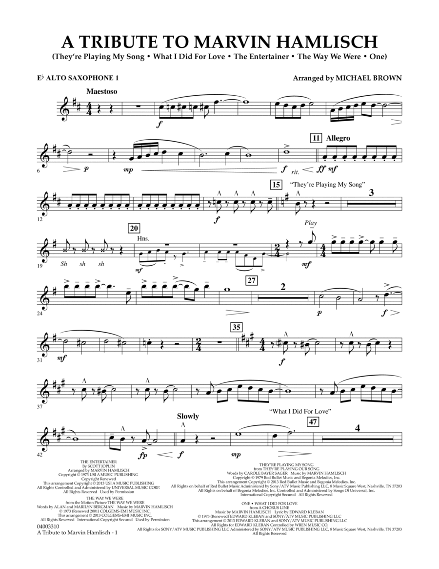 A Tribute To Marvin Hamlisch - Eb Alto Saxophone 1 Concert Band scores gallery preview page 1