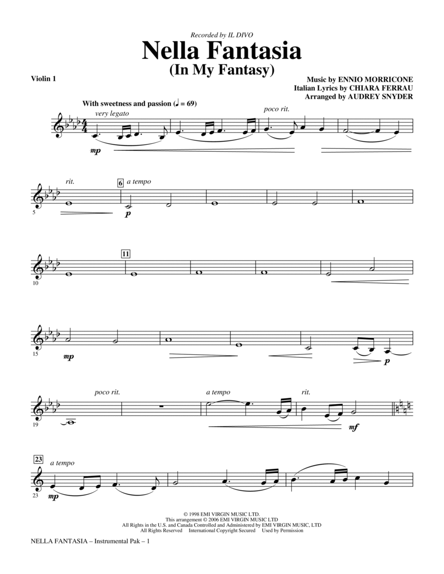 Nella Fantasia (In My Fantasy) (arr. Audrey Snyder) - Violin 1 Choir scores gallery preview page 1