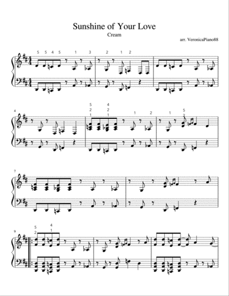 Sunshine Of Your Love Sunshine Of Your Love Piano Solo scores gallery preview page 1