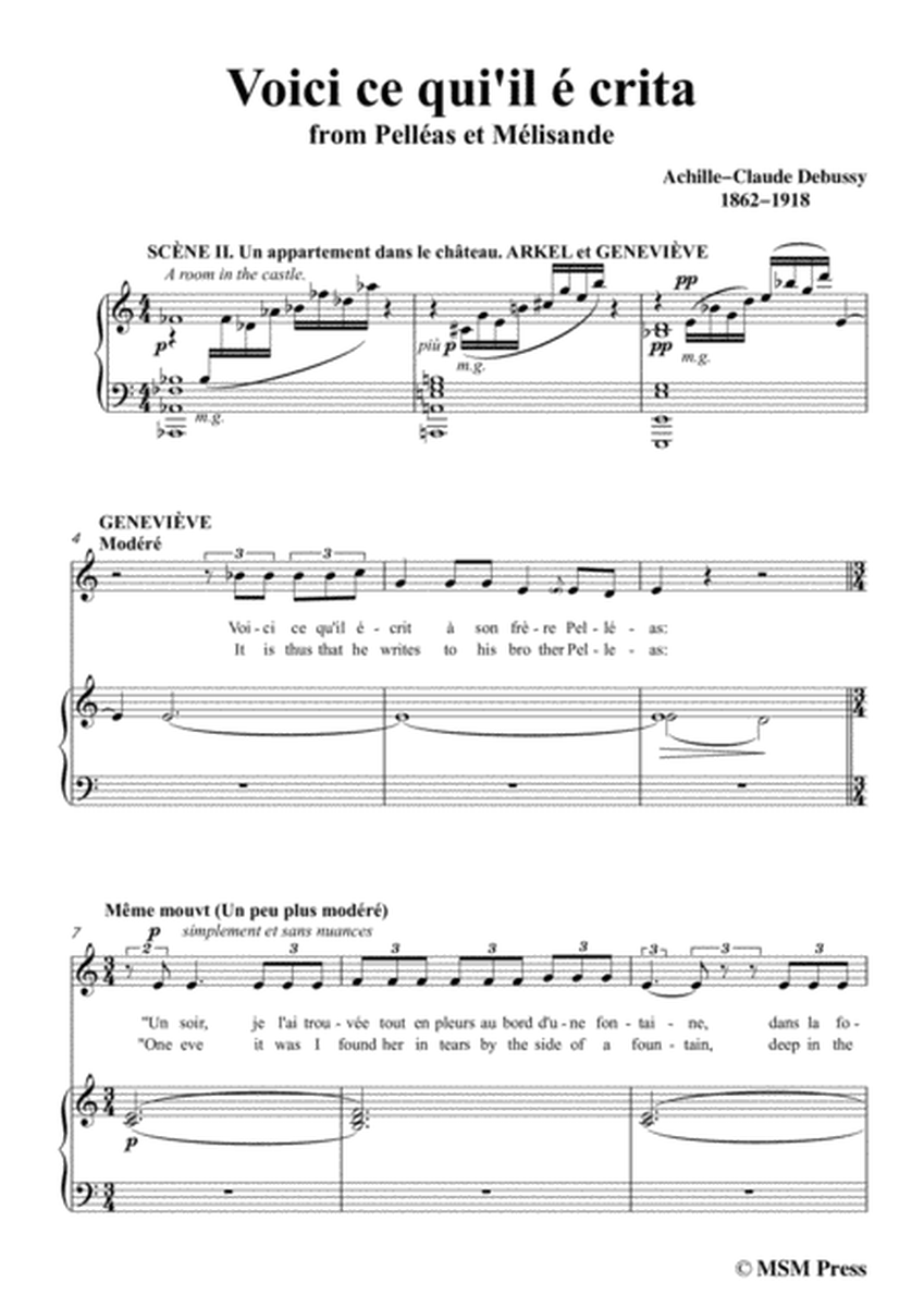 Debussy-Voici ce qui'il é crita,from 'Pelleas et Melisande',in a minor,for Voice and Piano image number null
