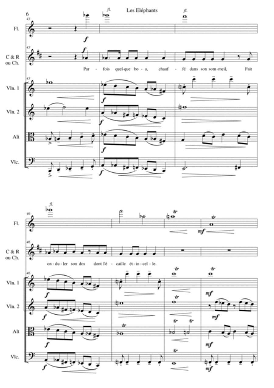 Les Eléphants (The Elephants) for voice, clarinet, flute and string quartet Choir scores gallery preview page 6