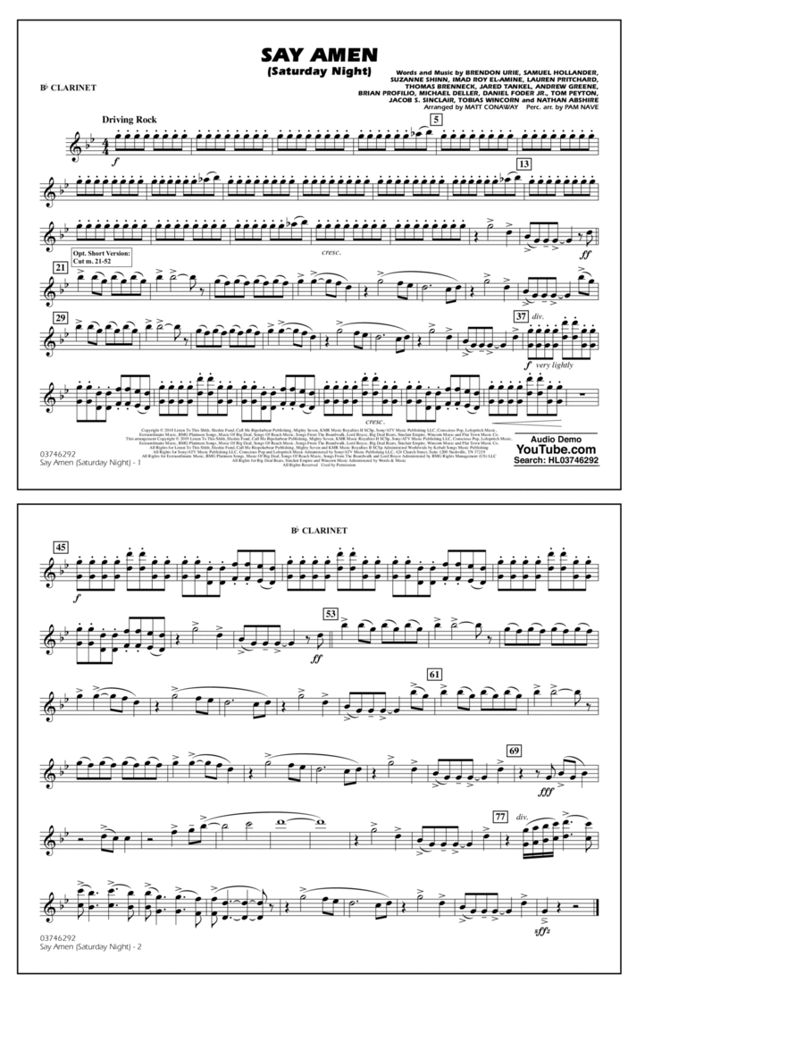 Say Amen (Saturday Night) (arr. Matt Conaway) - Bb Clarinet Marching Band scores gallery preview page 1