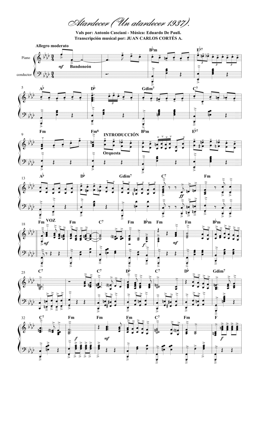 Atardecer (Un atardecer - Vals 1937) Por: Antonio Casciani - Eduardo De Pauli Piano Method scores gallery preview page 1
