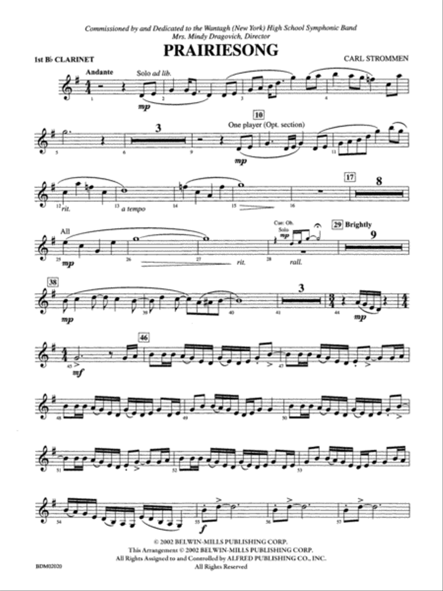 Prairiesong: 1st B-flat Clarinet Concert Band scores gallery preview page 1