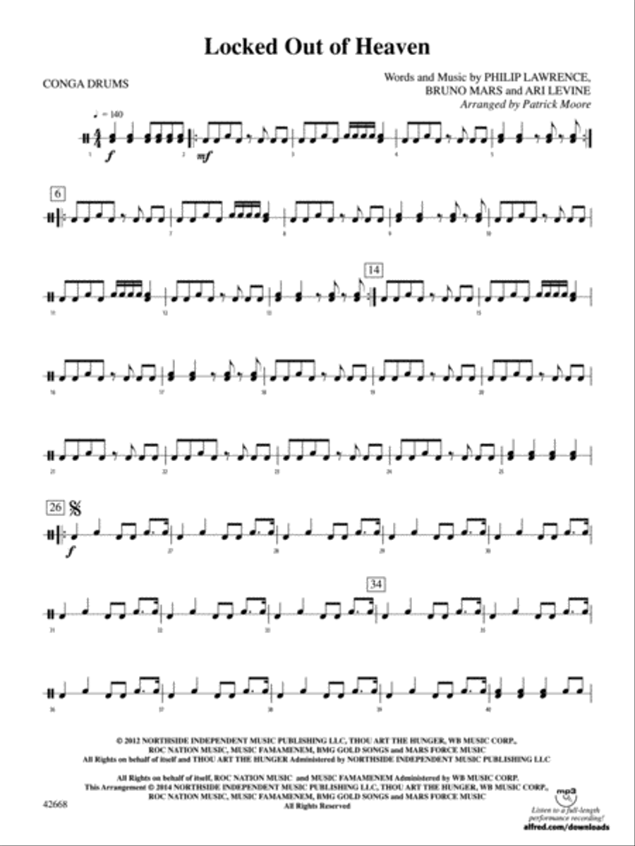 Locked Out of Heaven: 1st Percussion Percussion Ensemble scores gallery preview page 1