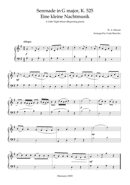 Serenade in G major, K. 525 / Eine kleine Nachtmusik /A Little Night Music - Beginning Piano image number null