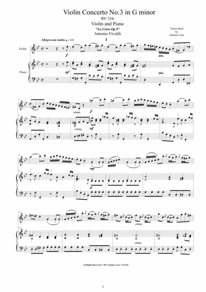 Vivaldi - Violin Concerto No.3 in G minor RV 334 Op.9 for Violin and Piano image number null
