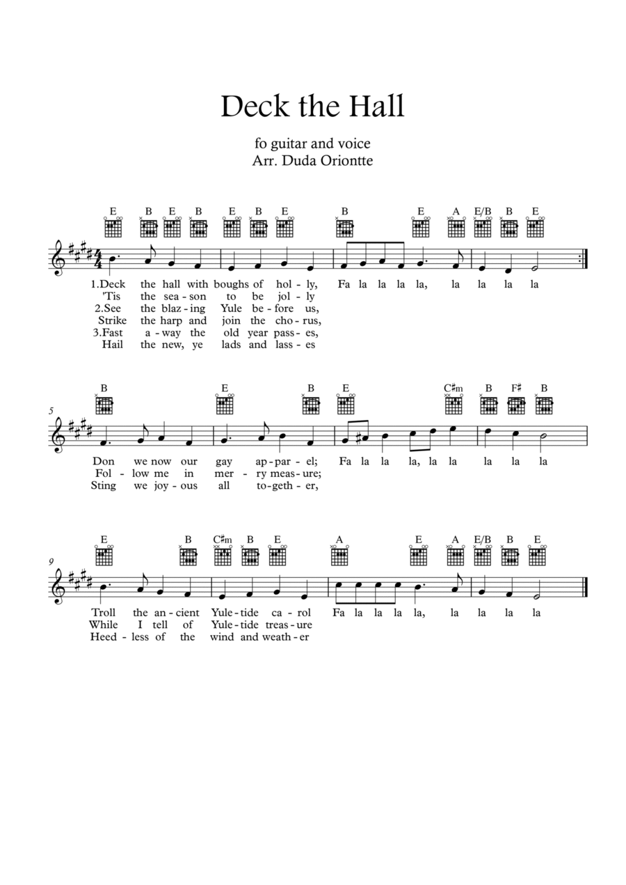 Deck the Halls (E major - guitar TABS - with lyrics) Guitar Tablature scores gallery preview page 1