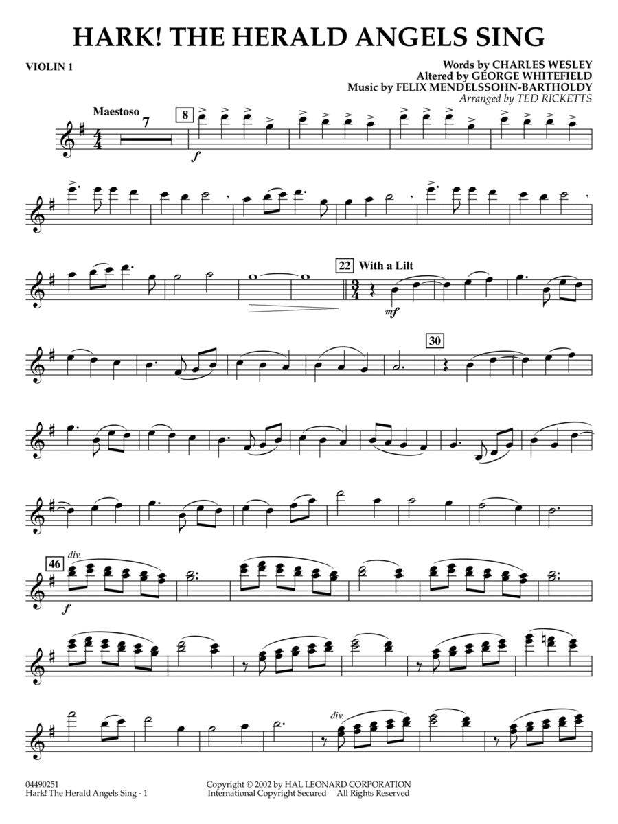 Hark! The Herald Angels Sing (arr. Ted Ricketts) - Violin 1 Full Orchestra scores gallery preview page 1