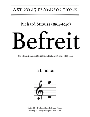 Book cover for STRAUSS: Befreit, Op. 39 no. 4 (transposed to E minor)