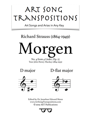 Book cover for STRAUSS: Morgen, Op. 27 no. 4 (transposed to D major and D-flat major)