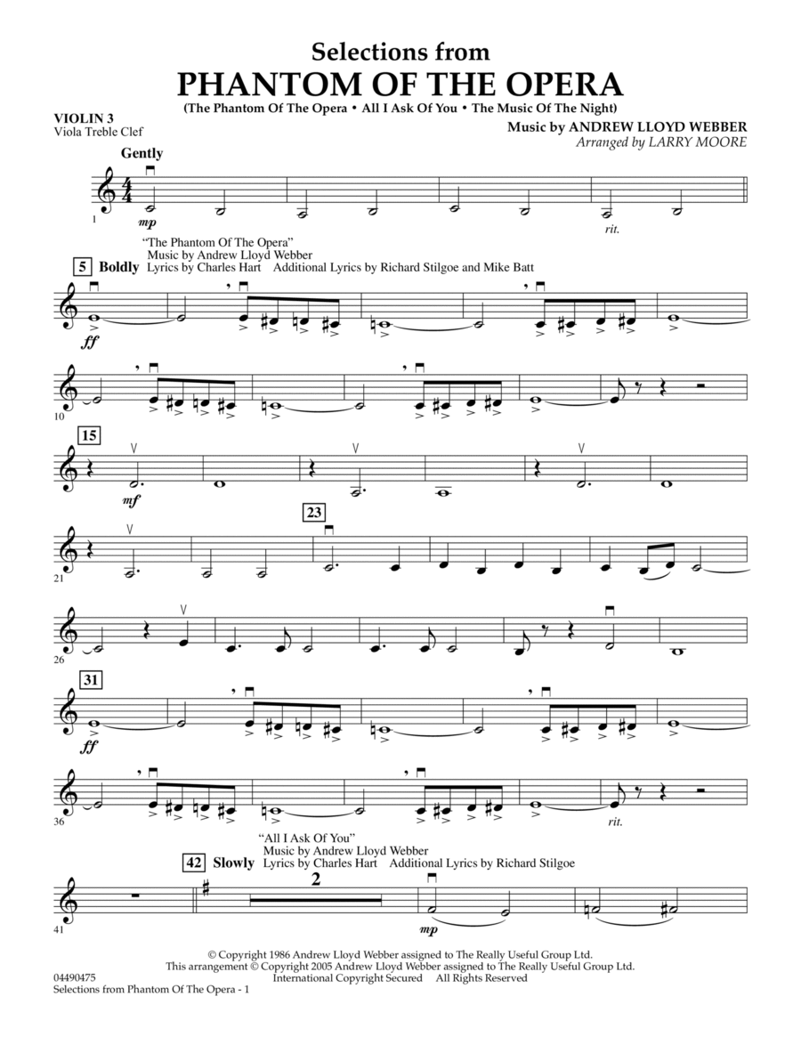 Selections from Phantom Of The Opera - Violin 3 (Viola T.C.) Viola scores gallery preview page 1