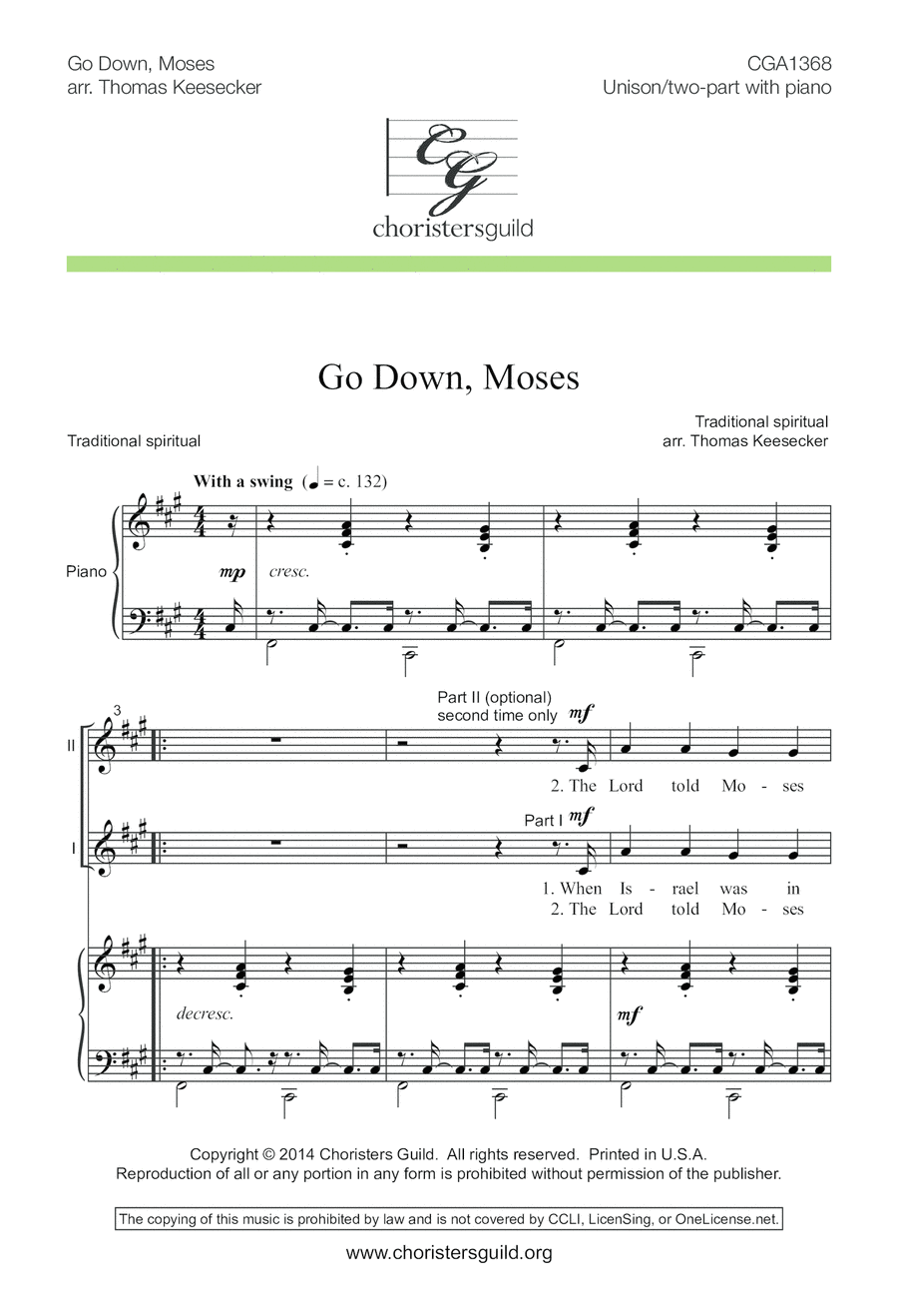 Go Down, Moses Go Down, Moses Unison Choir scores gallery preview page 1