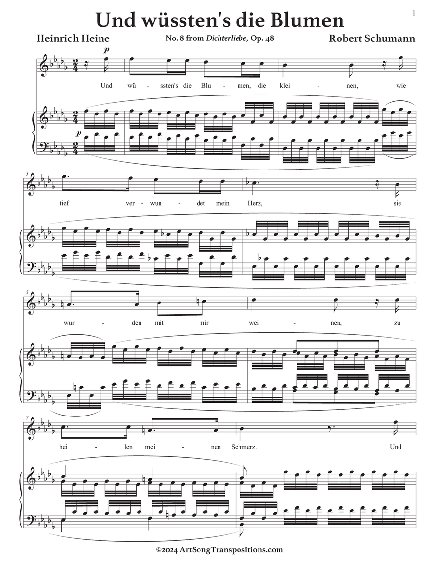 SCHUMANN: Und wüssten's die Blumen, die kleinen, Op. 48 no. 8 (transposed to B-flat minor) Piano, Vocal scores gallery preview page 2