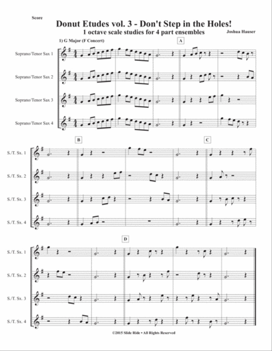 Donut Etudes vol. 3: Don’t Step in the Holes! – Soprano or Tenor Saxophone Quartet Saxophone Quartet scores gallery preview page 3