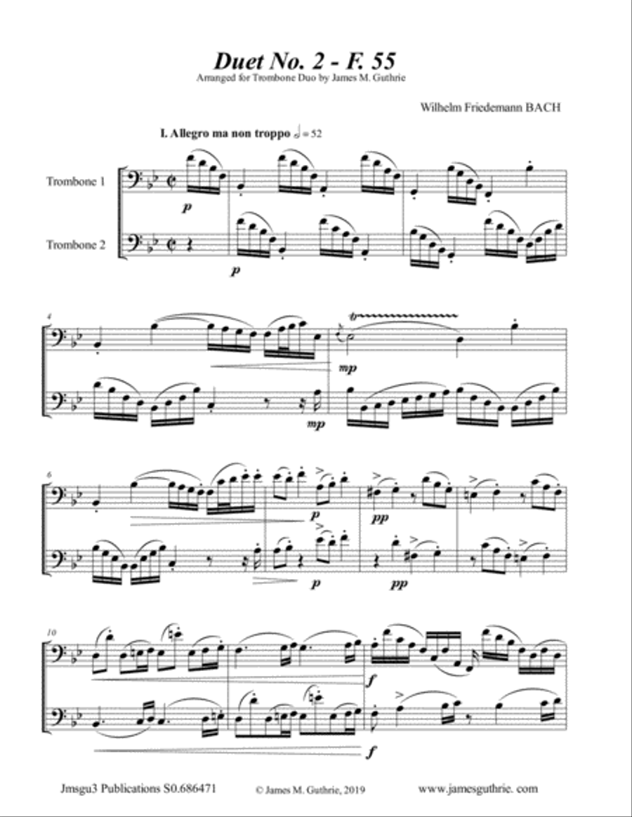 WF Bach: Duet No. 2 for Trombone Duo Trombone Duet scores gallery preview page 1