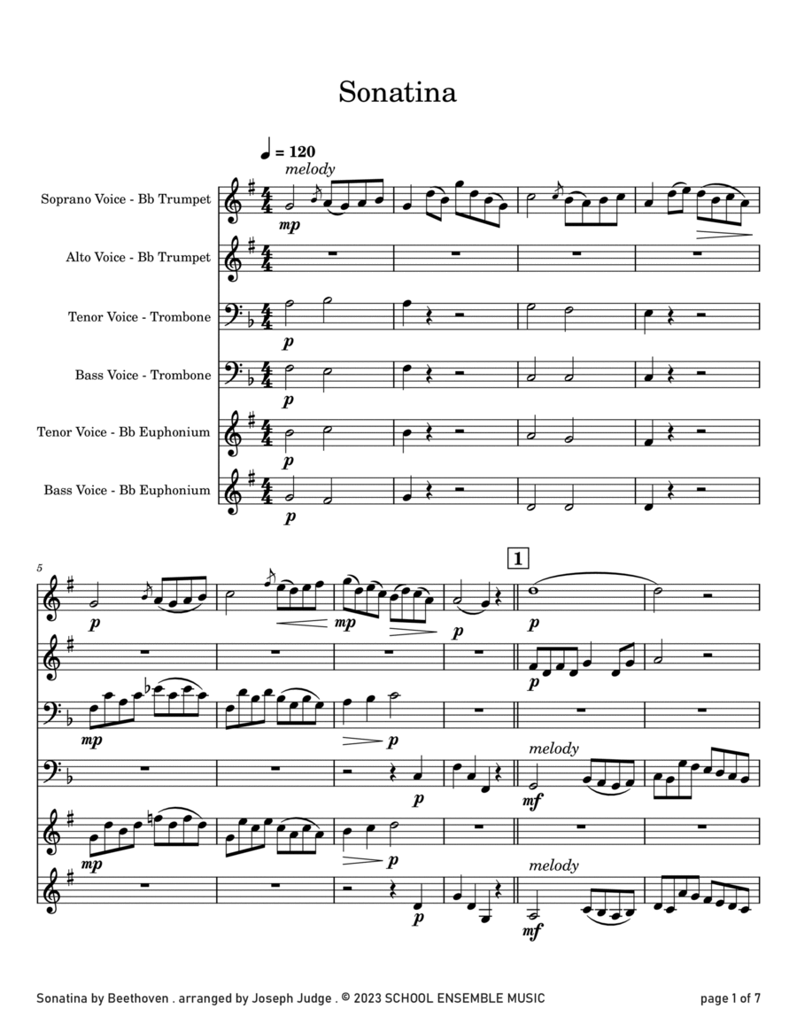 Sonatina by Beethoven for Brass Quartet in Schools Brass Quartet scores gallery preview page 1