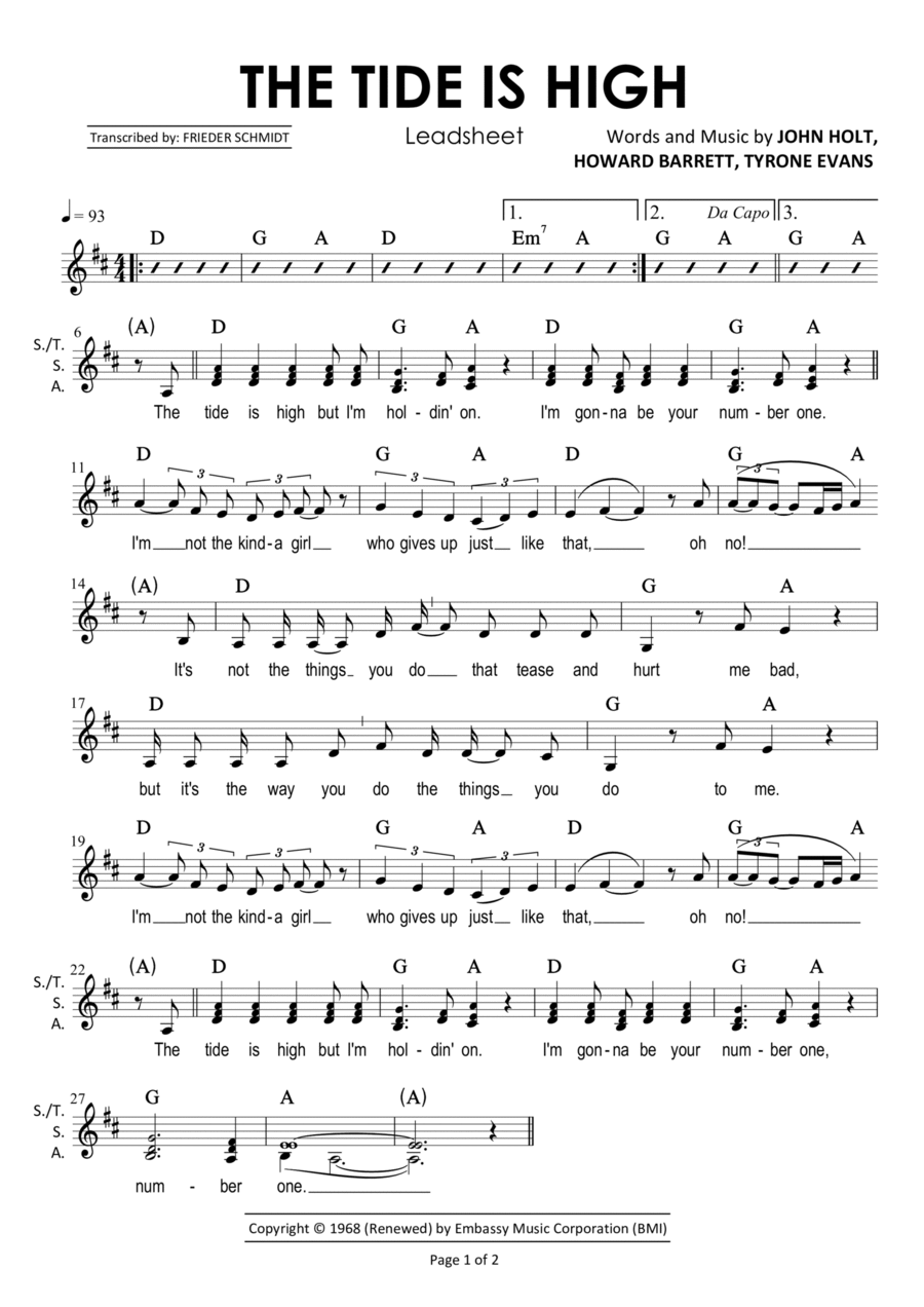 The Tide Is High Piano scores gallery preview page 1