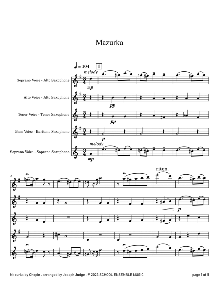 Mazurka by Chopin for Saxophone Quartet in Schools Saxophone Quartet scores gallery preview page 1