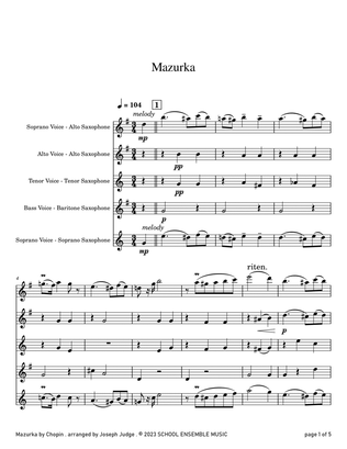 Mazurka by Chopin for Saxophone Quartet in Schools