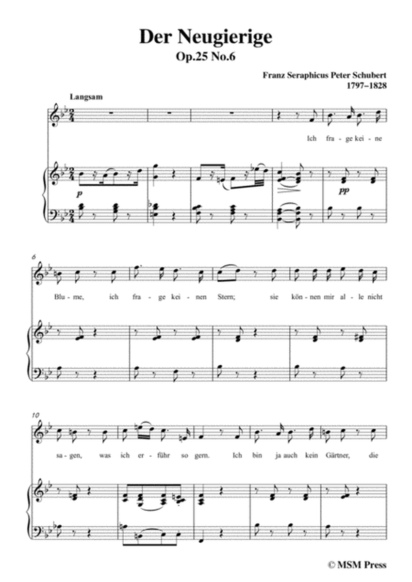 Schubert-Der Neugierige,from 'Die Schöne Müllerin',Op.25 No.6,in B flat Major,for Voice&Piano image number null